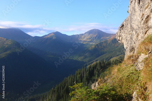 Aerial view of Mnichy Chochołowskie rock towers and Skorusi Źleb gully on a sunny summer day, Tatra Mountains
