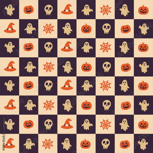 Spooky Halloween Checkerboard Seamless Pattern with Ghosts Pumpkins and Witch Hats