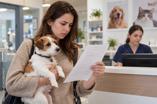 Woman visits a veterinary clinic with her dog and looks at paperwork