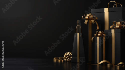 Luxury Black Friday gift collection with premium gold ribbons and elegant copy space