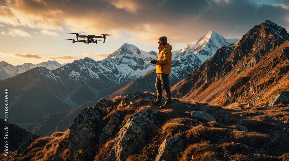 Obraz premium Man in yellow jacket controls quadcopter drone on high mountain ridge. Pilot uses remote controller to fly UAV over snowy peaks during golden hour sunset. Adventurer explores wild nature landscape