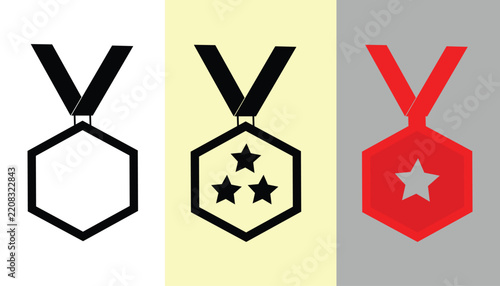 Medal Icon Set – Award Badge and Achievement Medal Symbols in Black and Red