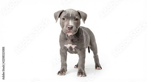 A cute grey American Staffordshire Terrier puppy standing isolated on a bright white background.
