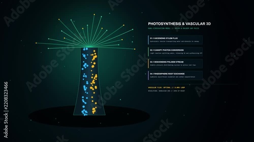 Scientific animation showing the biological photosynthesis process in a green tree system, illustrating carbon dioxide absorption, oxygen production, sunlight energy conversion, and water transport.