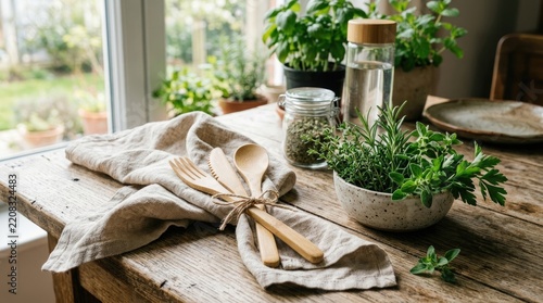 Reusable bamboo utensils and herbs arranged on rustic wooden table with linen cloth
