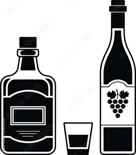 Alcoholic beverage bottle glyph collection featuring whiskey decanter shot glass and wine bottle with grape label
