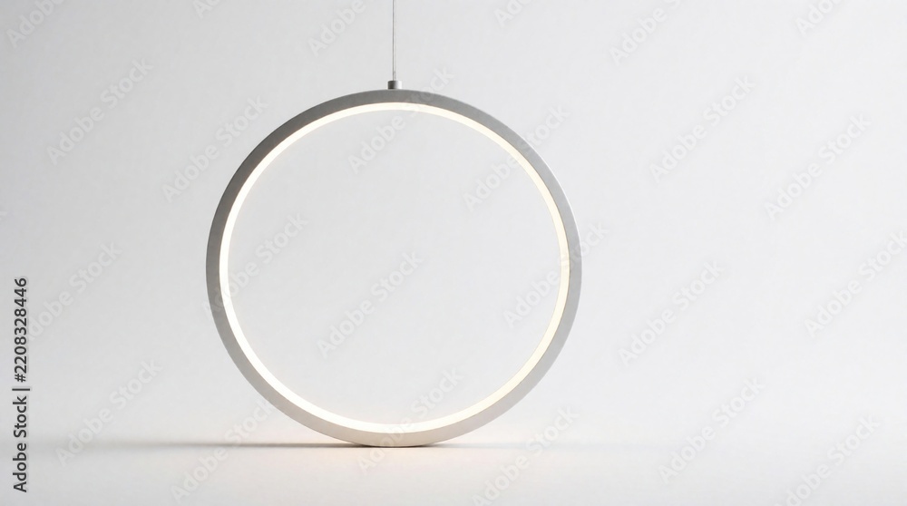 Fototapeta premium Modern minimalist circular LED pendant light fixture hangs from ceiling. Round ring lamp provides bright illumination in white interior space. Contemporary metallic hoop light for home decor office