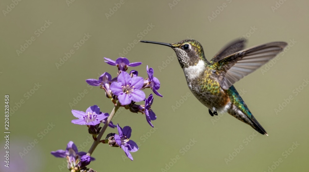 Fototapeta premium A vibrant hummingbird hovers gracefully near a cluster of purple flowers, showcasing its colorful plumage against a serene natural backdrop. Perfect for nature lovers.