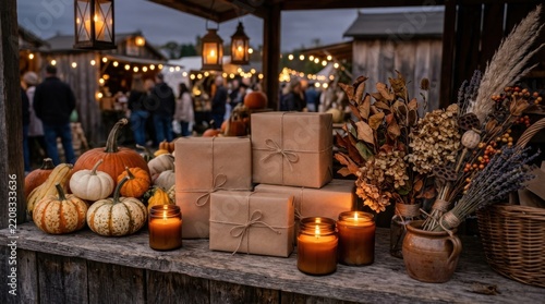 Autumn market stall with pumpkins gifts and candles at dusk.