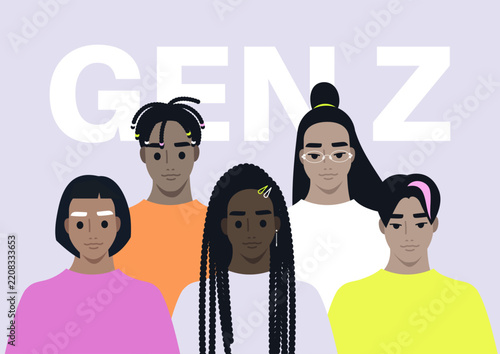 Five artistic characters embodying Gen Z culture stand together against a soft purple background, each showcasing distinct fashion and hairstyles that represent individuality and creativity.