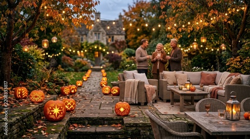 Family enjoying autumn evening in a garden decorated for Halloween with pumpkins and lights.