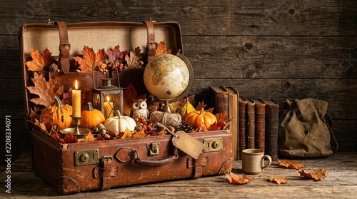 Vintage suitcase filled with autumn decorations and travel items.