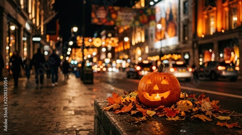Halloween pumpkin decoration on a city street at night with bokeh lights.