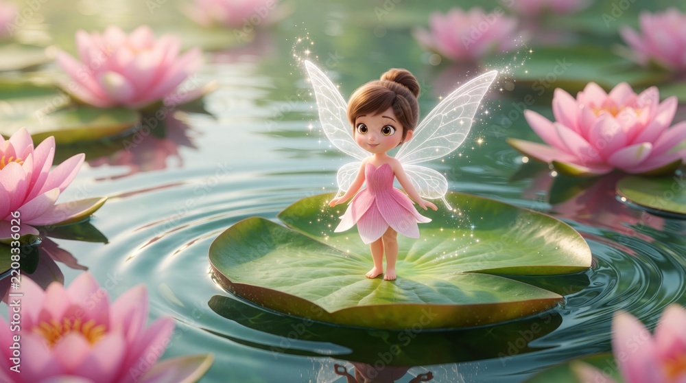 Obraz premium Tiny cartoon fairy with white wings stands on green lily pad in pond. Pink water lilies float on calm surface. Magical creature lives in fantasy garden with soft light. Dreamy nature scene with