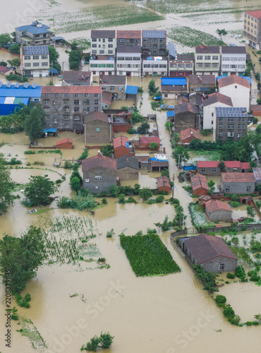 Aerial View of Flooded Village and Farmland in Xiangzhou District