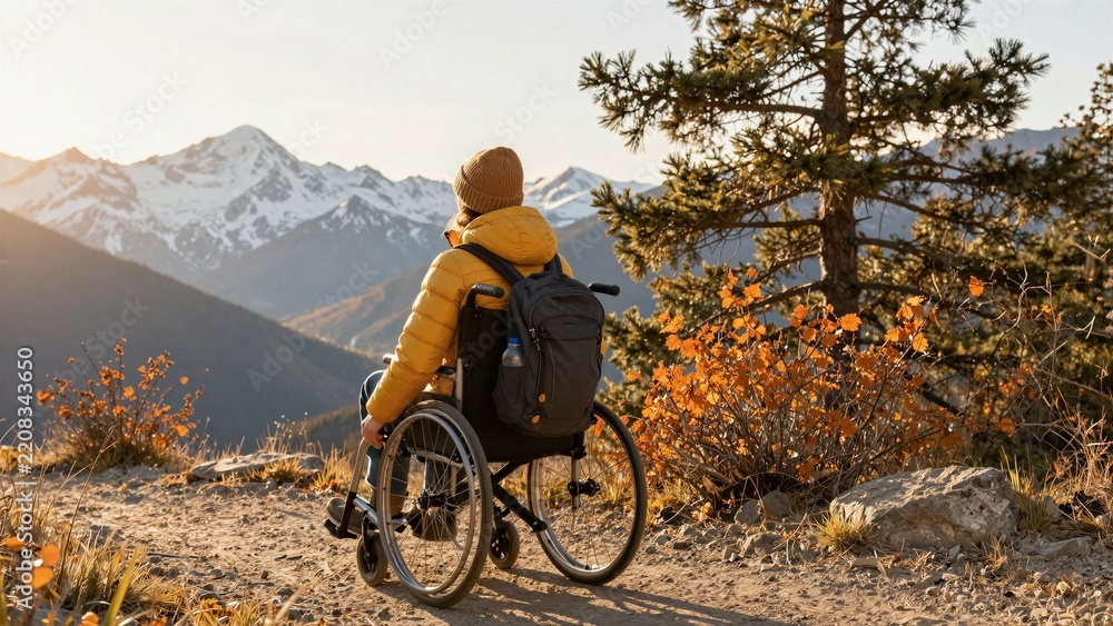Naklejka premium A person in a wheelchair enjoys breathtaking views of snow-capped mountains during golden hour, surrounded by autumn foliage and pine trees.
