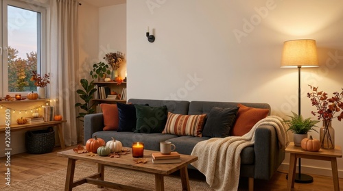 Cozy Living Room Decorated for Autumn with Pumpkins and Candles.