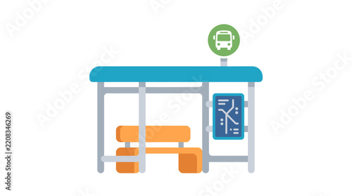 Bus stop shelter with seating and route map vector illustration