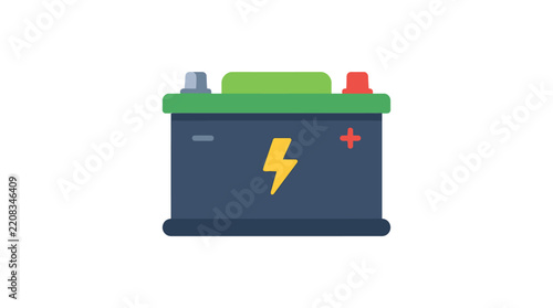 A car battery illustration features a lightning bolt symbol on a dark blue surface