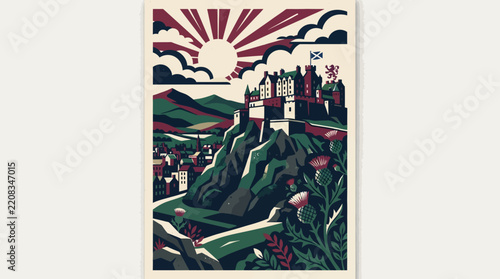 Edinburgh Castle illustration, Scotland, with Scottish flag and thistles, retro travel poster style