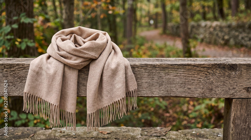 Cashmere scarf draped on a wooden bench in a serene forest setting  