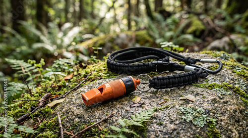 Emergency whistle on lanyard resting on mossy rock in forest  