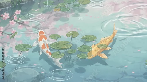 Pixel art koi fish swimming in tranquil pond with lily pads, gentle ripples and falling cherry blossom petals, serene nature scene