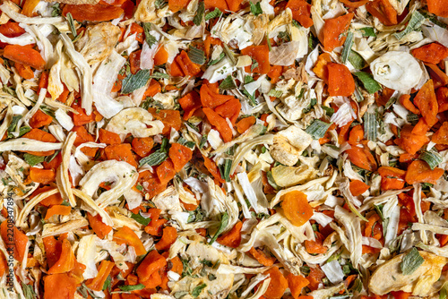 Dried carrot onion leek celery parsley vegetable seasoning blend