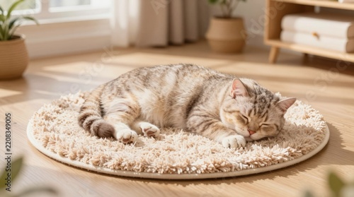 A serene scene featuring a cute cat sleeping on a soft round rug under natural sunlight in a cozy home environment, showcasing warmth and comfort.