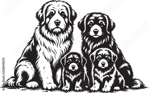 Fluffy Long Haired Dog Black and White Vector Silhouette Illustration