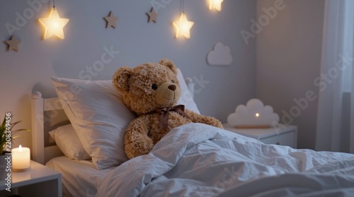 A cozy bedroom scene featuring a large teddy bear tucked in bed, surrounded by decorative stars and soft lighting, creating a tranquil atmosphere perfect for children.