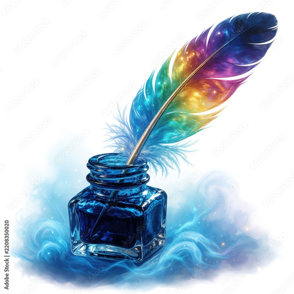 Obraz premium Colorful rainbow feather quill sits in blue inkwell. Vibrant magical feather tool for writing in glass bottle. Dreamy glowing ink with swirling smoke effect on white background. Fantasy concept for