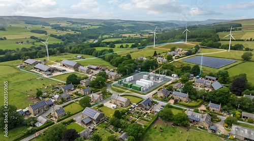 Renewable energy microgrid concept with wind turbines and solar panels in a sustainable rural village landscape