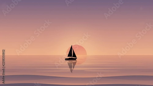 Sailboat drifting on calm ocean water during a beautiful pastel sunset with vibrant orange sun and reflection