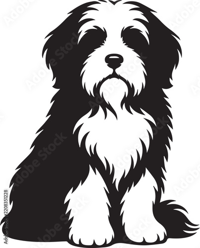 Fluffy Long Haired Dog Black and White Vector Silhouette Illustration
