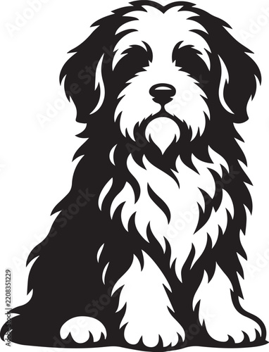 Fluffy Long Haired Dog Black and White Vector Silhouette Illustration