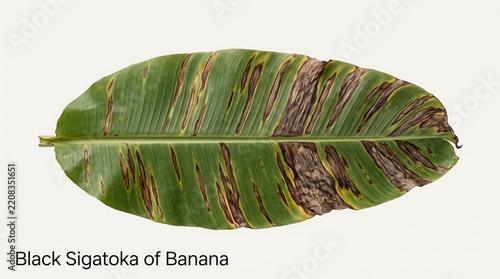 Banana leaf showing advanced symptoms of Black Sigatoka disease with distinct brown streaks