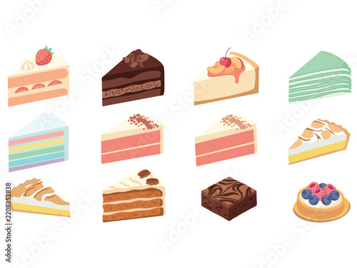 Collection of colorful cake slices and desserts featuring strawberry, chocolate, fruit, layered, nut, brownie, and berry designs in a simple flat illustration style on a white background.