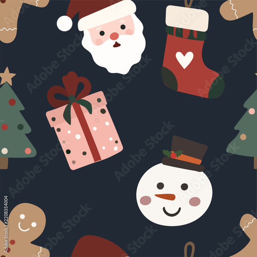 Seamless Christmas vector pattern with gift boxes, snowmen, Christmas trees, festive bows and holiday ornaments on a dark background. Perfect for wrapping paper, textiles, packaging and seasonal produ