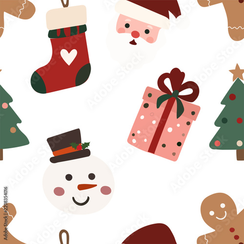 Seamless Christmas vector pattern with gift boxes, snowmen, Christmas trees, festive bows and holiday ornaments on a light background. Perfect for wrapping paper, textiles, packaging, stationery 
