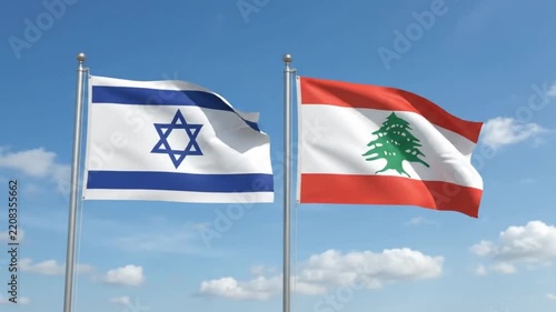 Two national flags of Israel and Lebanon waving against a bright blue sky with fluffy clouds