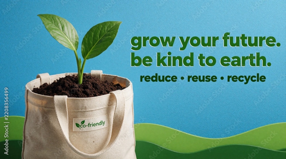 Obraz premium Eco friendly canvas tote bag with green plant growing in soil. Sustainable concept with reduce reuse recycle text on blue background. Message about protecting earth, nature for future. Organic
