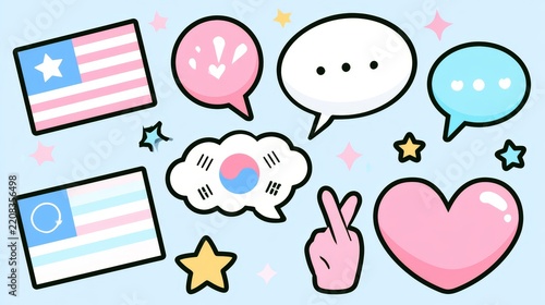 Cute pastel K-pop themed vector illustration featuring speech bubbles, the South Korean flag, heart hand gestures, and sparkling stars, perfect for fan merchandise, stickers, social media graphics.