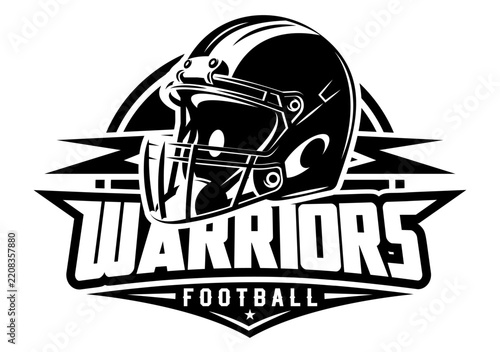 American football warriors team sports logo emblem with helmet badge and tournament ribbon isolated vector design.