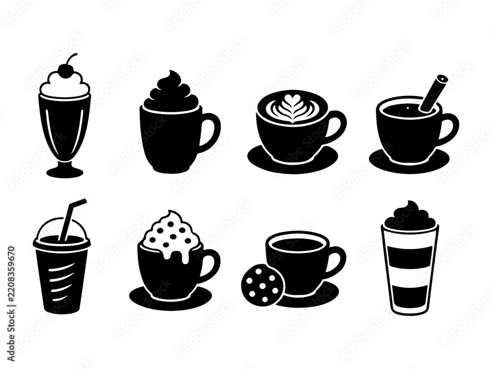 Obraz premium Coffee cup icons and cafe beverage silhouette vector set