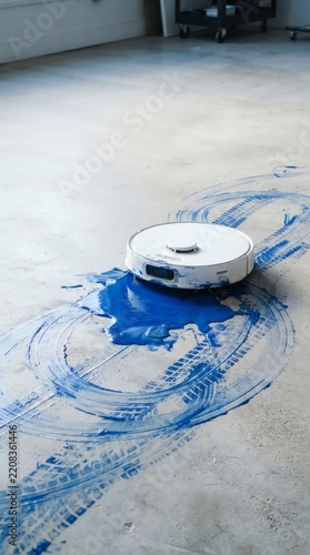 Robot vacuum cleaning blue paint spill on floor