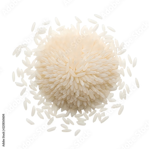 A small pile of white raw rice grains on a white background