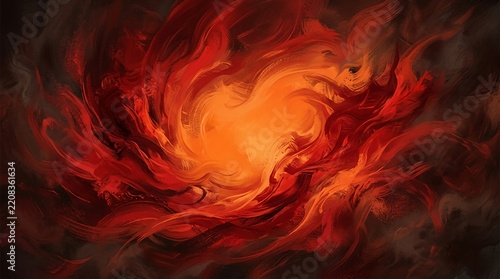 Abstract swirling pattern of fiery reds, oranges, and dark tones, suggesting energy, passion, and transformation, ideal for dynamic concepts