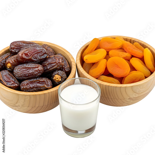 Bowls of dried dates and apricots with a glass of fresh milk