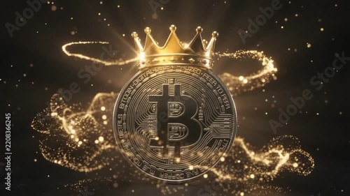 Golden Bitcoin Cryptocurrency Crown with Sparkling Fire Effects on Dark Background – Futuristic Finance Concept